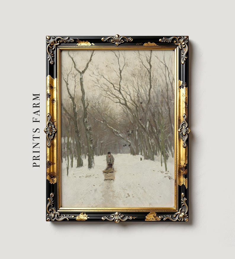 Framed painting of a winter scene with bare trees lining a snow-covered path. A person in the distance pulls a sled, evoking quiet and solitude.