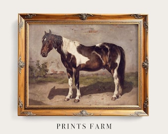 Vintage Pinto Horse Painting, Equestrian Farmhouse Wall Art