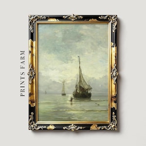 A vintage painting of a sailboat on a calm sea, two figures nearby, under a cloudy sky. The muted tones create a serene, nostalgic mood.