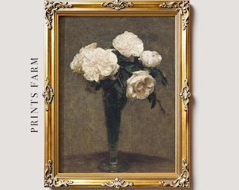 Roses Still Life Painting, Vintage Floral Art Print, Cottage Decor