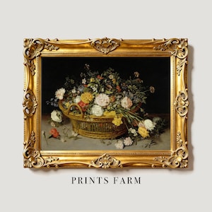 A lavish gold frame encases a still life painting of vibrant flowers in a basket, set against a dark backdrop. The text "Prints Farm" appears below.