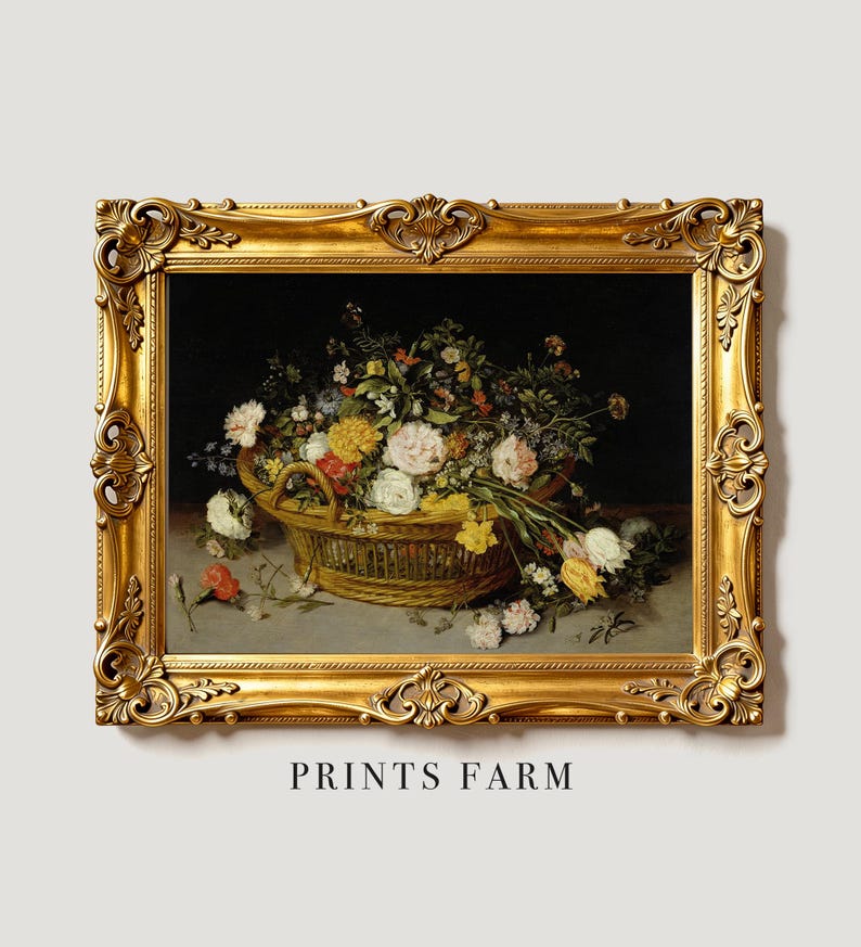 A lavish gold frame encases a still life painting of vibrant flowers in a basket, set against a dark backdrop. The text "Prints Farm" appears below.