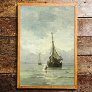 A serene seascape painting, showcasing a traditional sailing vessel on a placid body of water. The soft tones and subtle brushstrokes evoke a timeless moment by the sea.