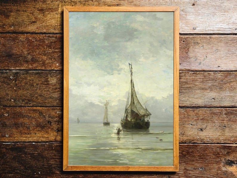 A serene seascape painting, showcasing a traditional sailing vessel on a placid body of water. The soft tones and subtle brushstrokes evoke a timeless moment by the sea.