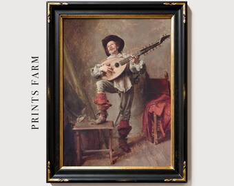 Guitar Player Vintage Print, Theorbo Musician Wall Art, Home Music Decor / P82