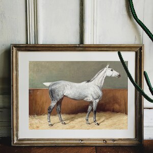 Framed painting of a white horse standing on hay against a brown background, placed on the floor near a cactus. The mood is calm and rustic.