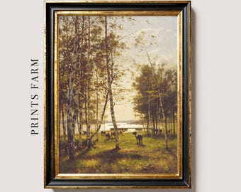 Vintage Cow Print, Riverside Painting, Farmhouse Wall Art / P242