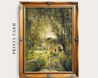 River Landscape Print, Cottage Painting, Farmhouse Decor / P263