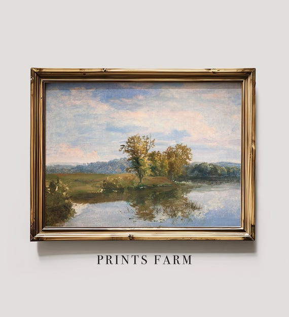 Vintage River Painting, Serene Landscape Print, Country Wall Decor / P616