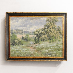 Meadow Landscape, Meadow Painting, Countryside Decor, Vintage Oil Painting, Farmhouse Art / P311
