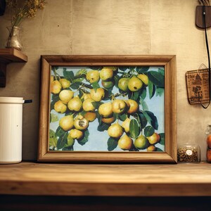 Framed painting of pears on a branch sits on a wooden shelf. Nearby are jars and kitchen items, creating a warm, rustic kitchen atmosphere.