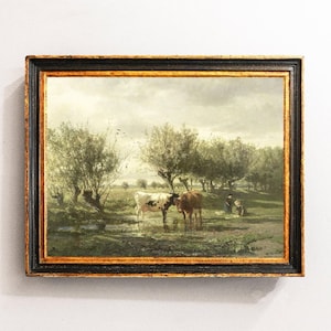Cows Painting, River Landscape, Antique Landscape, Farmhouse Decor, Mailed Print / P161