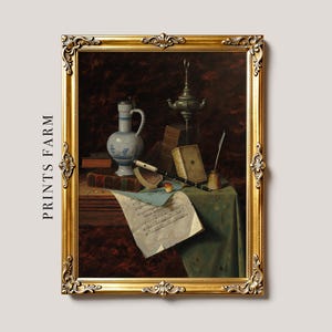 Framed still life painting with a jug, books, sheet music, and a quill on a table, evoking a classic and contemplative atmosphere.