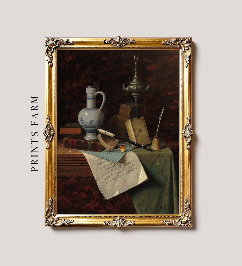 Framed still life painting with a jug, books, sheet music, and a quill on a table, evoking a classic and contemplative atmosphere.