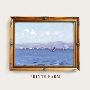 A framed painting depicts a serene seascape with a small sailboat on calm blue waters, distant mountains under a bright, cloudy sky. "Prints Farm" text below.