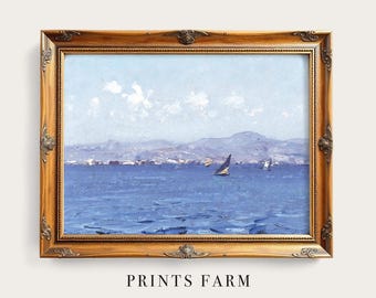 Sailboat Painting, Vintage Seascape Print, Beach Landscape, Coastal Decor / P647