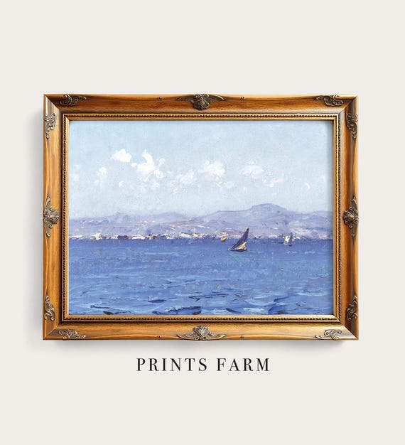Sailboat Painting, Vintage Seascape Print, Beach Landscape, Coastal Decor / P647