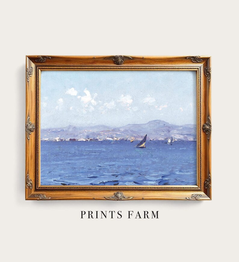 A framed painting depicts a serene seascape with a small sailboat on calm blue waters, distant mountains under a bright, cloudy sky. "Prints Farm" text below.