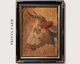 Vintage Bull Oil Painting, Rustic Farmhouse Wall Art / P1007