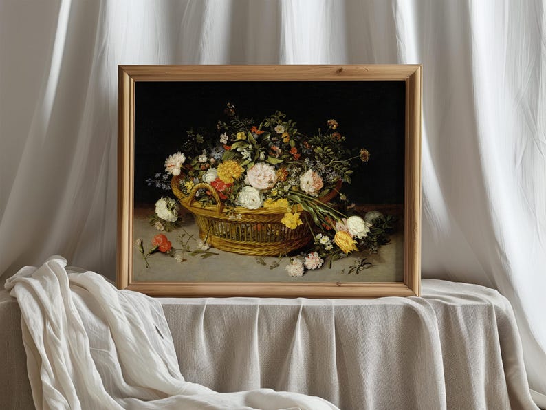Framed painting of vibrant flowers in a basket on a draped table, set against a soft white curtain. The scene evokes a serene, classic elegance.