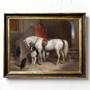 A painting of a white horse with a saddle and bridle, standing in a stable with two dogs. The horse is looking at the dogs, and the dogs are looking at the horse. The stable is lit by a window, and there is a red blanket hanging on the wall.