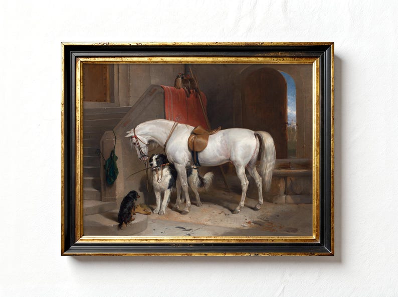 A painting of a white horse with a saddle and bridle, standing in a stable with two dogs. The horse is looking at the dogs, and the dogs are looking at the horse. The stable is lit by a window, and there is a red blanket hanging on the wall.