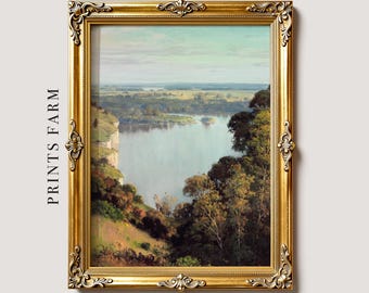 River Landscape Print, Serene Countryside Art, Lake House Decor / P545