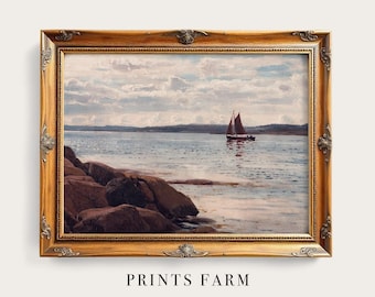 Seascape Painting, Vintage Sailboat Print, Nautical Wall Art, Coastal Decor / P661