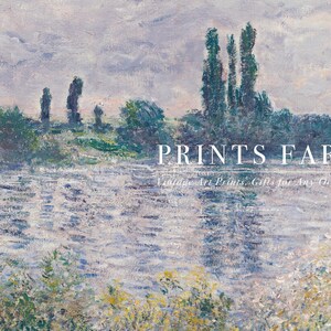 Impressionist landscape painting of a serene river with reflections, lush greenery, and a soft sky. Text reads "PRINTS FARM: Vintage Art Prints, Gifts for Any Occasion."