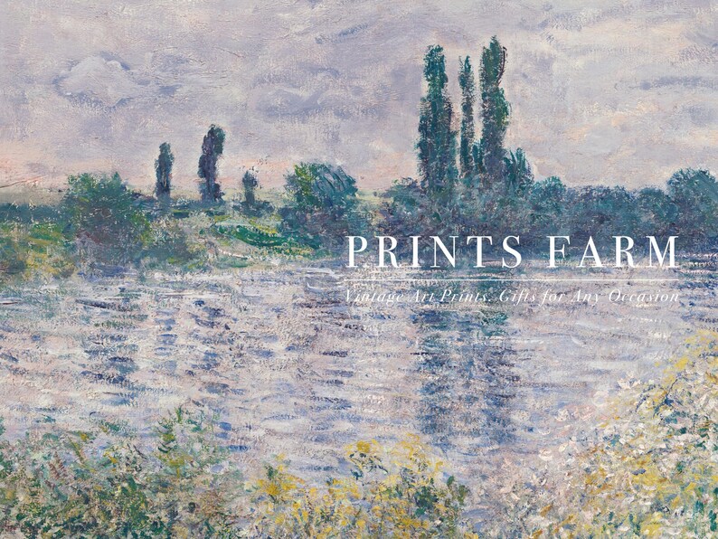 Impressionist landscape painting of a serene river with reflections, lush greenery, and a soft sky. Text reads "PRINTS FARM: Vintage Art Prints, Gifts for Any Occasion."