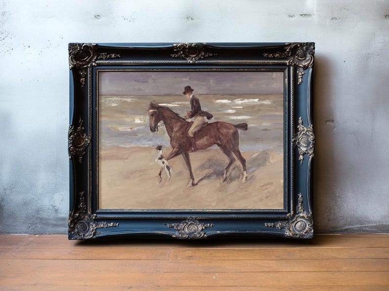A framed painting shows a rider on horseback beside a dog on a sandy beach, with ocean waves in the background. The tone is serene and nostalgic.