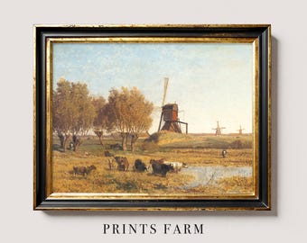 Dutch Windmill Painting, Cows Print, Vintage Wall Art / P79