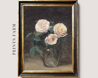 Vintage Roses Painting, Flowers Still Life, Moody Floral Art / P360