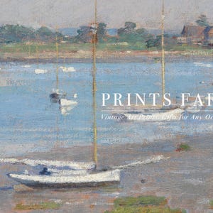 Impressionist painting of a calm harbor with sailboats, soft brushstrokes depicting water and greenery. Text reads "Prints Farm: Vintage Art Prints, Gifts for Any Occasion."