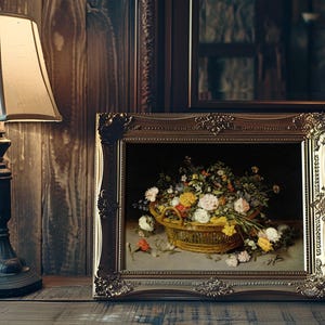 A framed painting of a floral basket filled with vibrant flowers, set on a wooden table beside an ornate lamp, creating a warm, vintage ambiance.