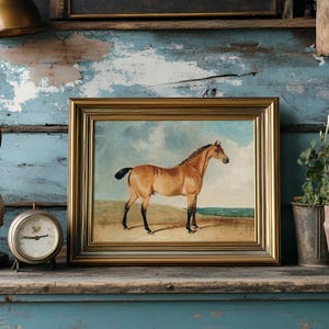 A rustic shelf holds a horse painting in a golden frame, flanked by a vintage lamp, an antique clock, and potted plants. The scene feels nostalgic.