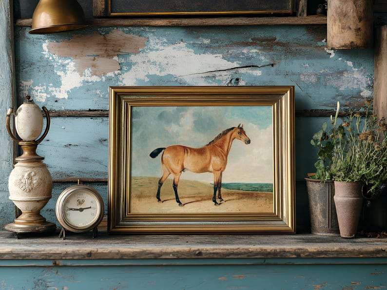 A rustic shelf holds a horse painting in a golden frame, flanked by a vintage lamp, an antique clock, and potted plants. The scene feels nostalgic.