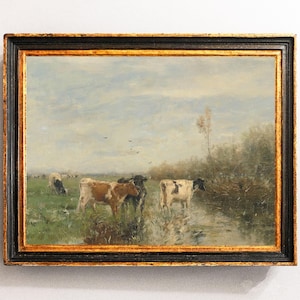 Cows Painting, Country Landscape, Riverside Painting, Cows Lover Gift, Vintage Art, Mailed Print / P46