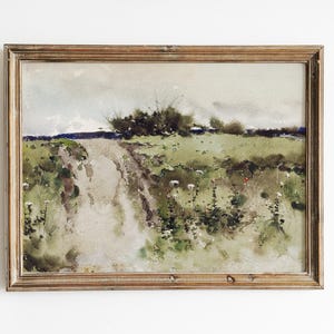 Wild Flowers Print, Meadow Watercolor, Country Landscape, Farmhouse Decor, Vintage Art / P449