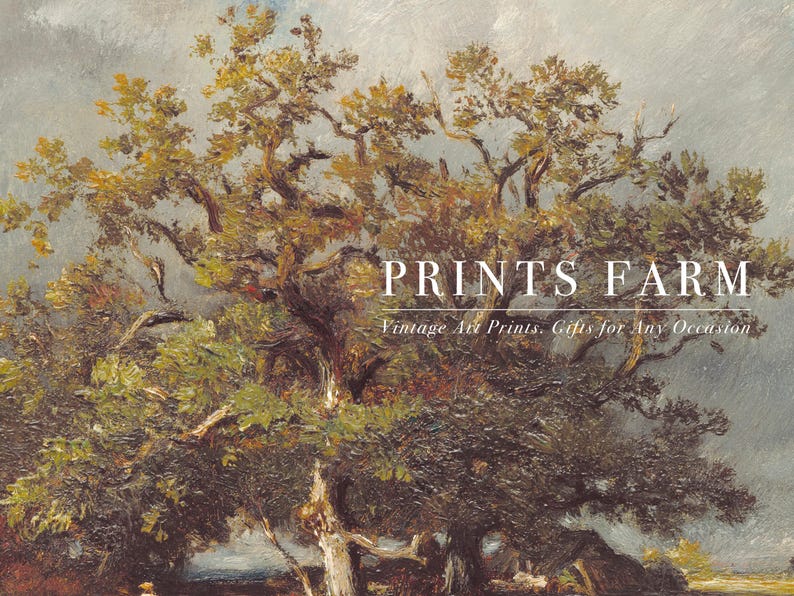 Vintage painting of a large tree with sprawling branches and lush foliage against a cloudy sky. Text overlay reads "Prints Farm" and "Vintage Art Prints, Gifts for Any Occasion."