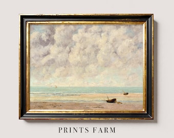 Vintage Seascape Painting, Rustic Sailboat Print, Nautical Wall Art / P596