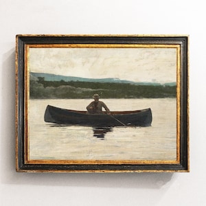 Fishermen Painting, Lake Landscape, Vintage Painting, River Landscape, Vintage Art / P499