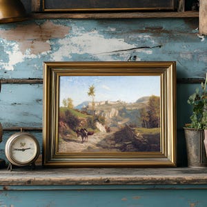 A rustic shelf holds an antique clock, ornate lamp, framed landscape painting, and potted plants, set against a weathered blue wooden backdrop.