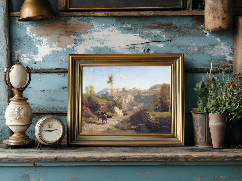 A rustic shelf holds an antique clock, ornate lamp, framed landscape painting, and potted plants, set against a weathered blue wooden backdrop.