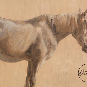 A painting of a light brown horse standing on a beige background. The horse is facing to the right and its head is lowered. The word "Detail" is written in white on a circle in the lower right corner of the image.