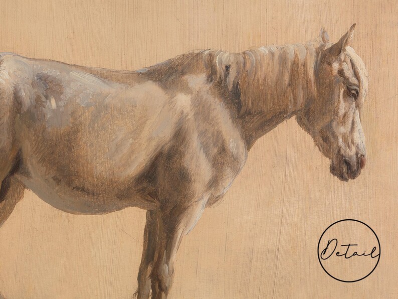 A painting of a light brown horse standing on a beige background. The horse is facing to the right and its head is lowered. The word "Detail" is written in white on a circle in the lower right corner of the image.