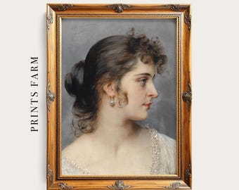 Vintage Woman Painting, Female Portrait Print, Rustic Farmhouse Decor / P970