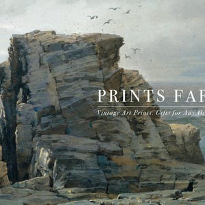 Rocky coastal landscape with a large, rugged cliff against a calm sea. "PRINTS FARM" and "Vintage Art Prints, Gifts for Any Occasion" overlay the scene.