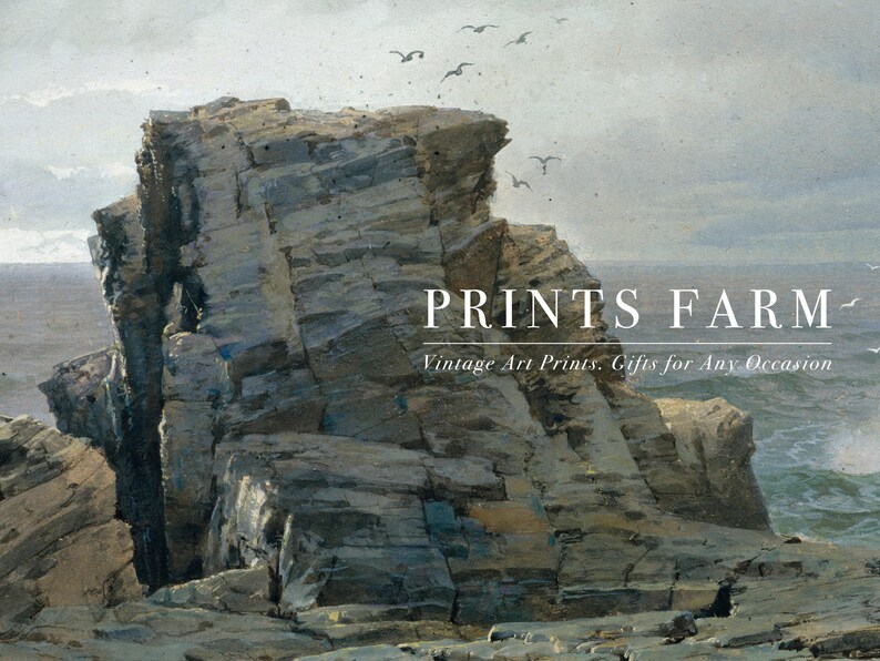 Rocky coastal landscape with a large, rugged cliff against a calm sea. "PRINTS FARM" and "Vintage Art Prints, Gifts for Any Occasion" overlay the scene.