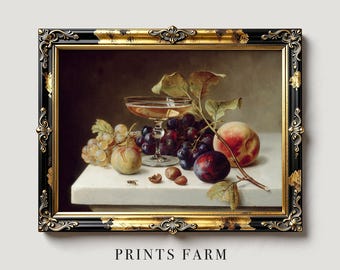 Fruits Still Life Painting, Vintage Grape and Peaches Print, Kitchen Wall Art / P675